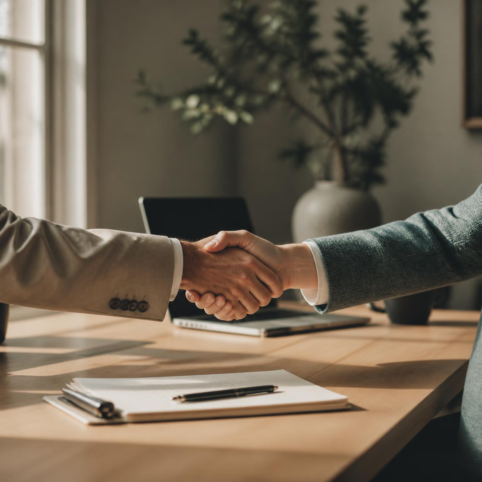 Two founders shaking hands after closing a deal