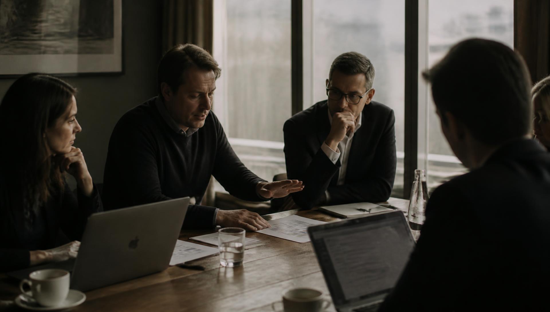 Investors in a conference room reviewing new startup profiles